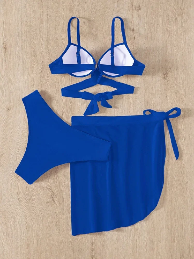 Sexy 3 sztuka Bikini Set Push Up kobiety strój kąpielowy 2023 Royal Blue stroje kąpielowe z spódnica kostiumy kąpielowe lato kostiumy kąpielowe