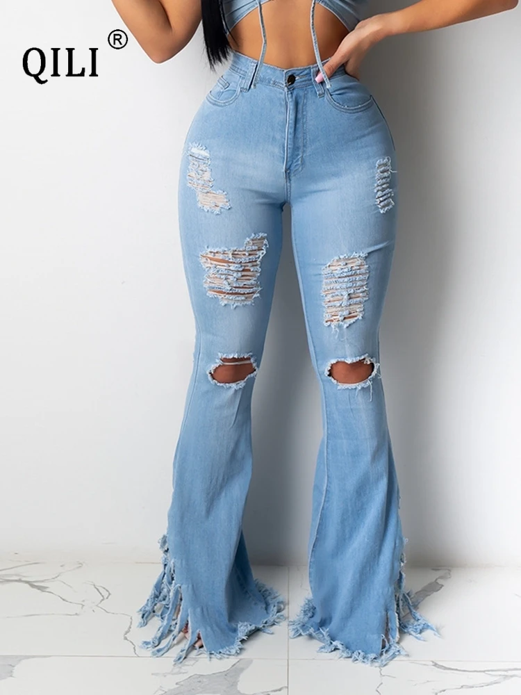 QILI- Ripped Tassle Jeans for Women, High Waisted Denim Pants, Skinny Flare Pants, Sexy Blue Bottoms, Summer Fashion, 2023