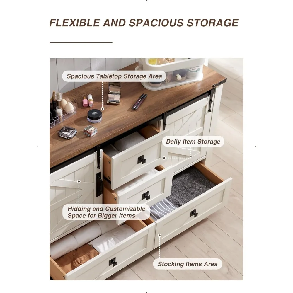 خزانة ذات 4 أدراج على طراز المزرعة الريفية مع أبواب حظيرة منزلقة، وخزانة ذات أدراج واسعة لغرفة النوم و48 حامل تلفزيون