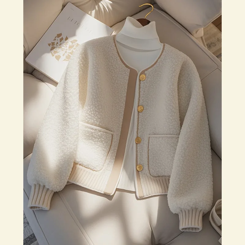 White Fleece Short Coat Women's Long-sleeved High-end Autumn 2026 Fashion All-match Sweater Top Y2K Gentle O-Neck Chic Outwear
