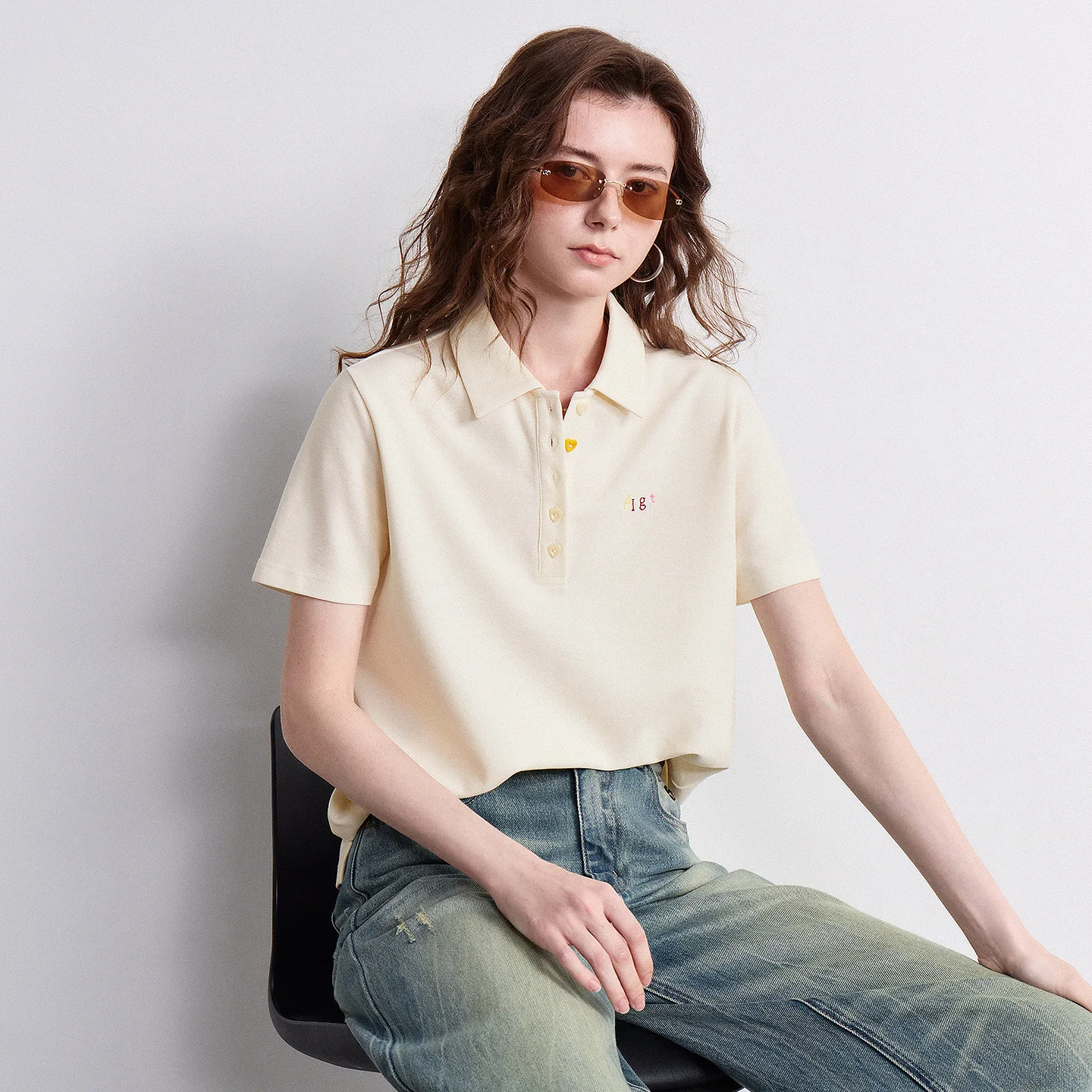 TOYOUTH Women T-shirt 2026 Summer New Breathable Bead Polo Shirt with Heart-shaped Button and Colorful Embroidery Top - Image 3