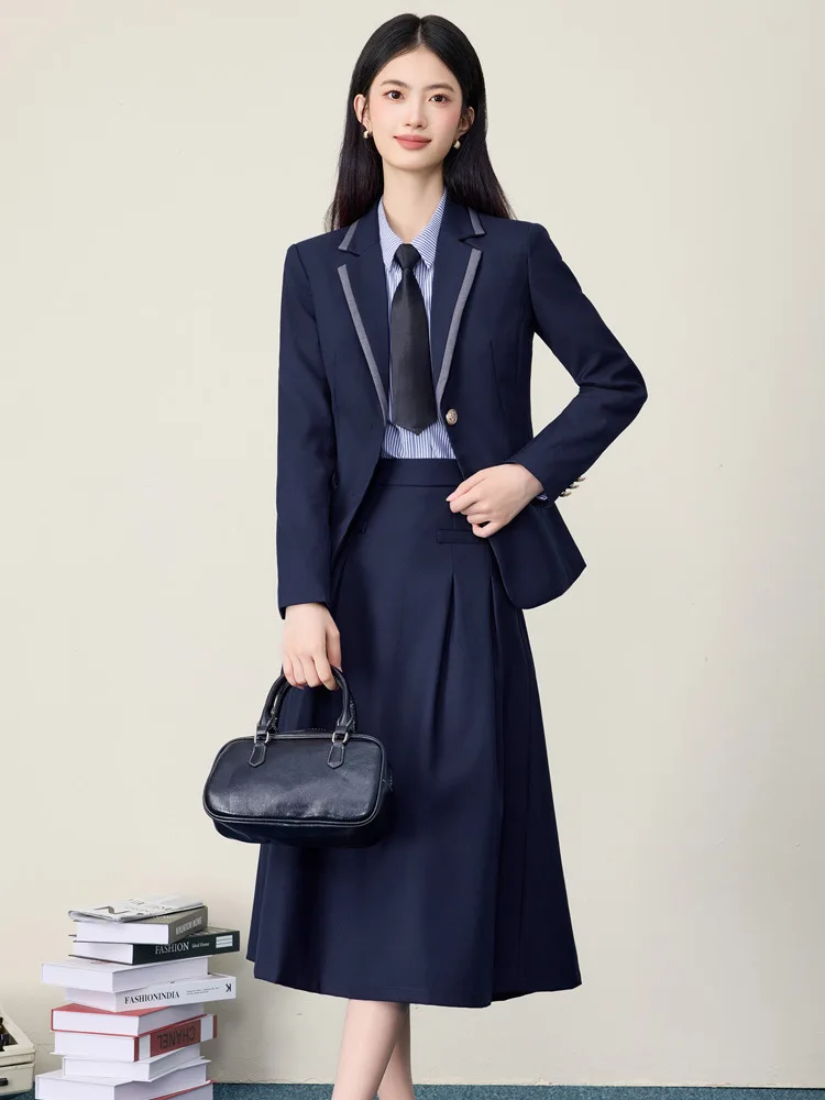 Navy blue professional suit set for female college students, formal attire for interviews, college style, teacher certification,