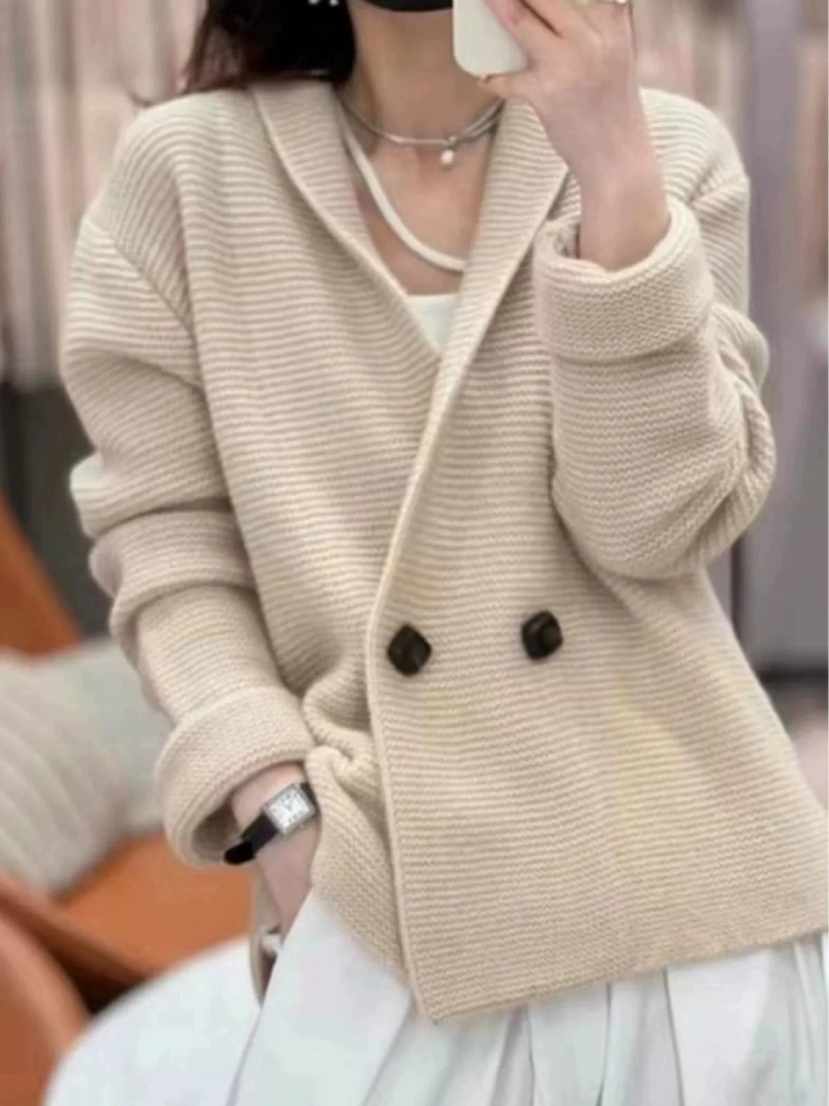 European 100% cashmere knitted cardigan coat Female autumn and winter temperament  loose wool sweater coat