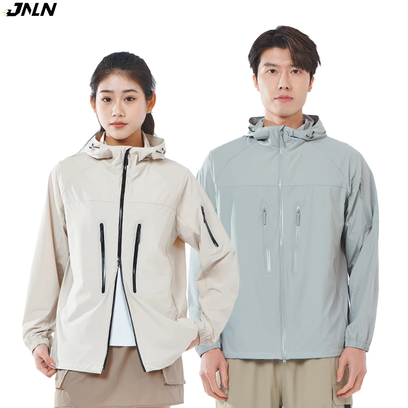 

JNLN Men's Women's Hiking Rain Coat Sun Protective Camping Trekking Waterproof Jacket Unisex Stretch Two-Way Zipper Windbreaker
