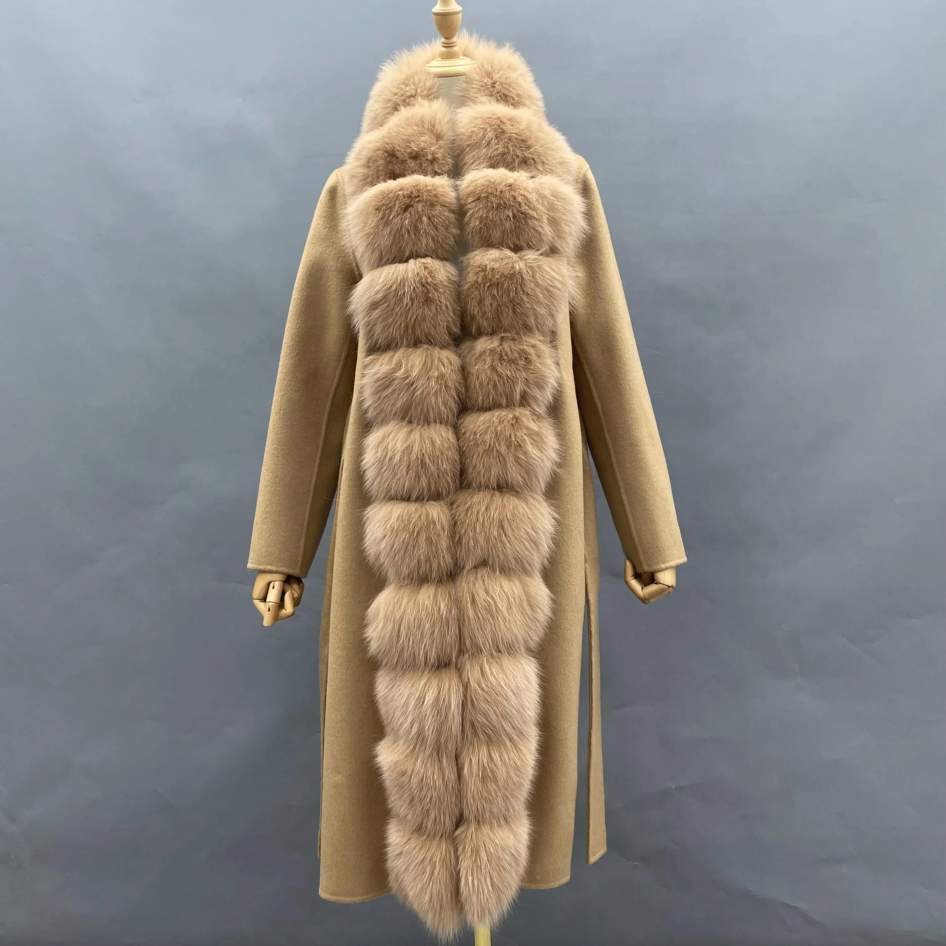 

Women Cashmere Coat With Fox Fur Placket Winter Hot Sale Wool Belted Trench Coat