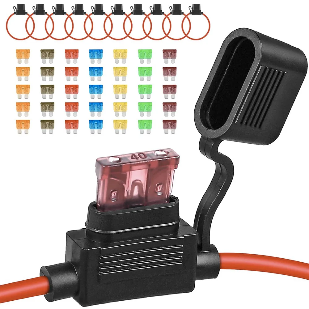10Pack 12 AWG Waterproof Inline Fuse Holder 12V, with(5A/7.5A/10A/15A/20A/30A/40A) Standard Fuses,in Line Fuses Holders for Auto