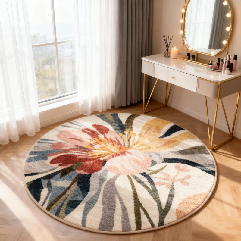French Style Living Room Decoration Round Carpet Flower Pattern  Rugs for Bedroom Thicken Plush Lounge Rug Fluffy Soft Floor Mat