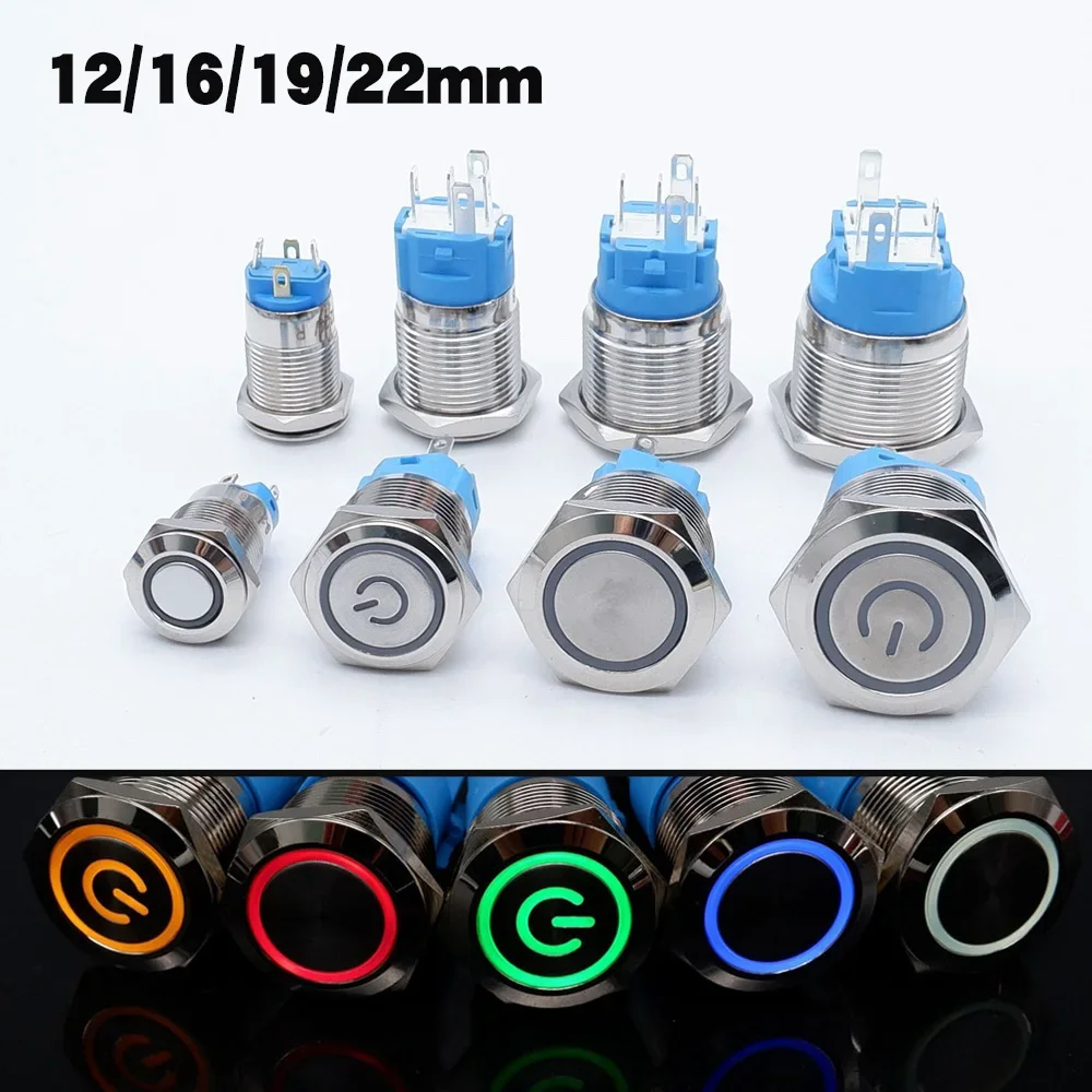 Metal Push Button Switch 12mm 16mm 19mm 22mm Silvery Flat Head Waterproor Power Led Light Self-Lock Momentary Reset 5v 12v 220v