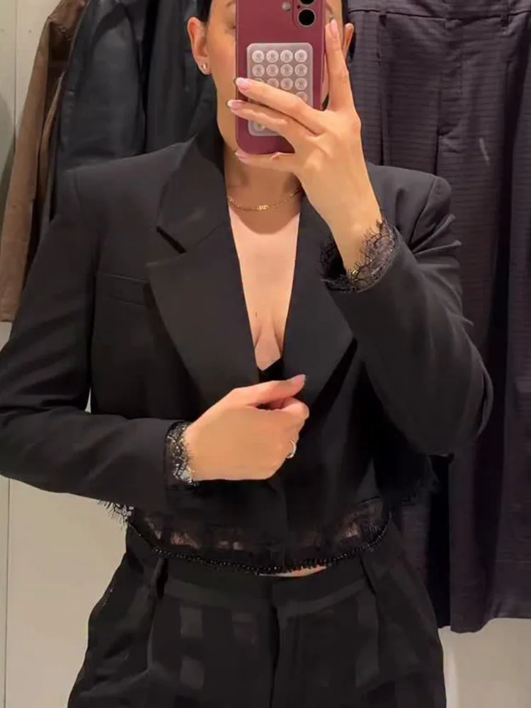 

HH женский модный ретро-прямой пиджак с короткой талией 2025 + расклешенный костюм длиной до пола с низкой талией, комплект брюк