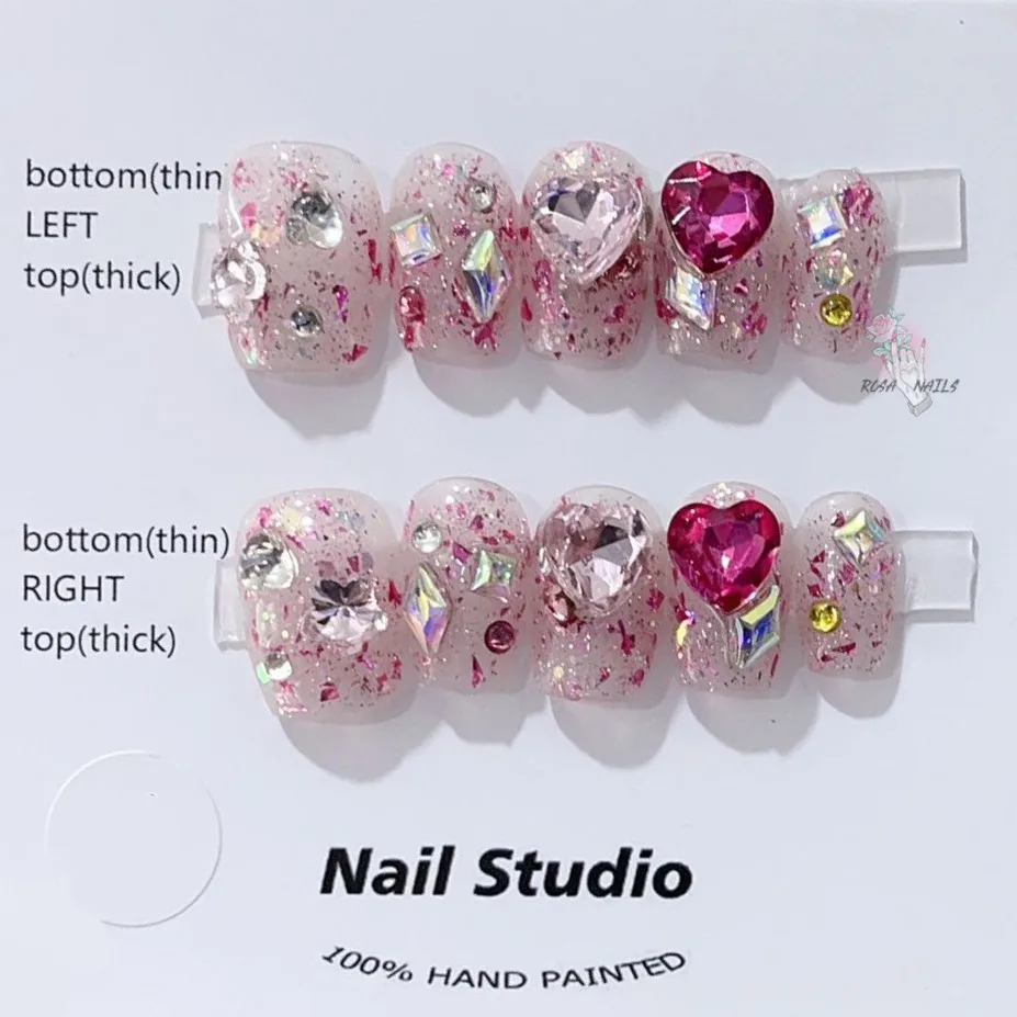 

Press on Nails Pink Handmade Mixed Diamond False Nail Art Crystals Tips Decoration Presson Rhinestone Gems Stones Short Pressons
