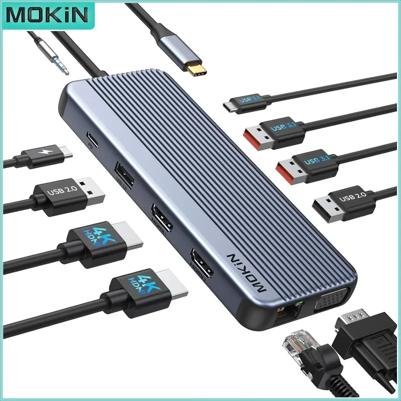 MOKiN 11 in 1 Docking Station USB C HUB PD 100W 4K 60Hz 2 HDMI VGA USB 3.1 RJ45 for MacBook Air/Pro iPad M1/M2 Audio