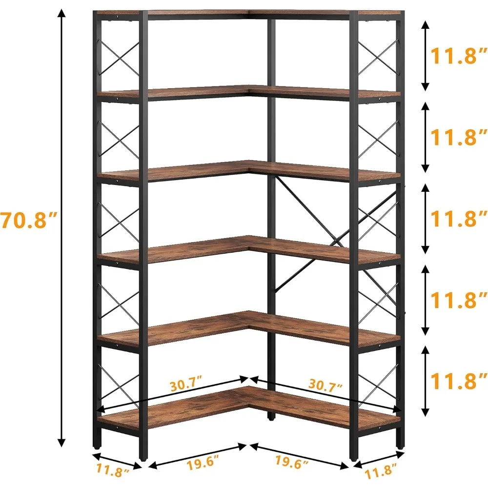 Libreria a L a 6 ripiani in stile industriale con struttura in metallo per ufficio domestico e ampio spazio di archiviazione