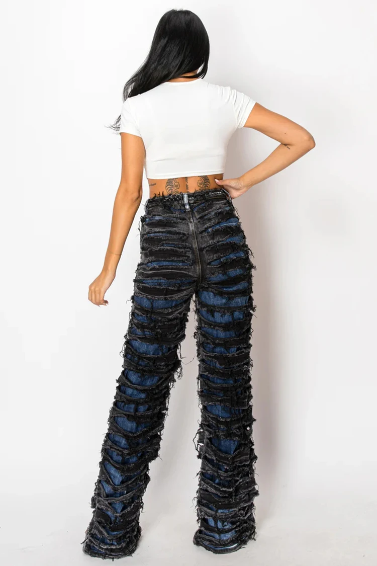 2024 new women's double-layer perforated denim pants high waisted brushed fringe street straight leg pants trousers