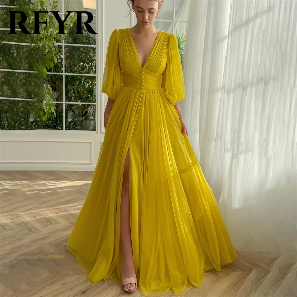 

RFYR Gold Chiffion Prom Dress V Neck Pleat Party Dresses Celebrity Gowns Puffy Sleeves Wedding Party Dress with Slit Customized