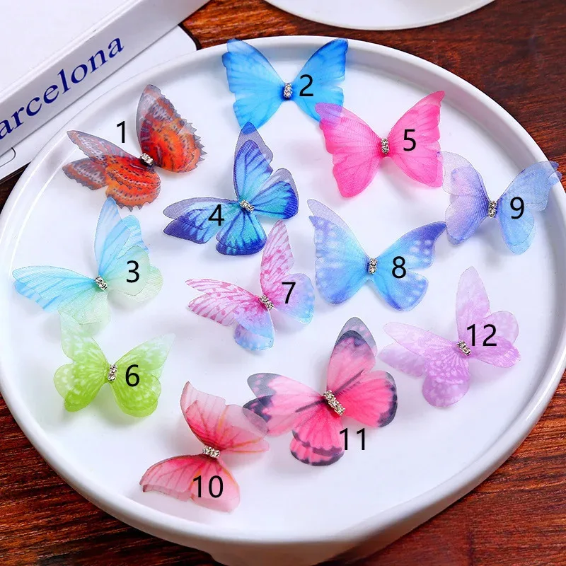 50Pcs Double Layer With Diamond Three-Dimensional Yarn Simulation Mesh Butterfly Jewelry Handmade DIY Headwear Accessories