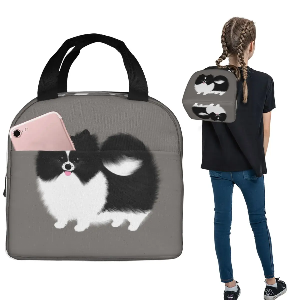 Black And White Parti Pomeranian Fluffy Dog Insulated Lunch Bag for Women Kids Portable Food Boxes Thermal Lunch Box Tote