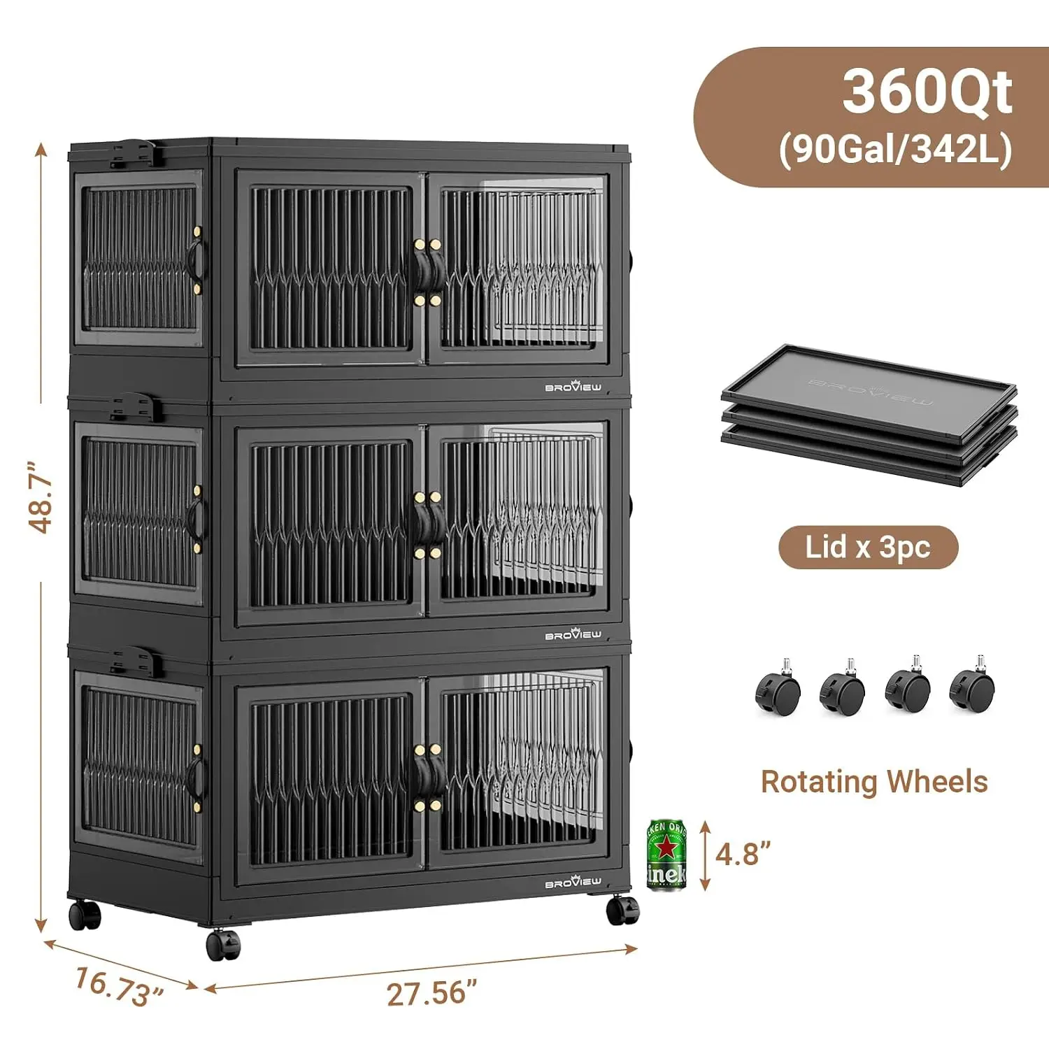 360Qt Stackable Storage Bins with 3 Lids, Front and Side Open Doors, Plastic Collapsible Closet Organizer and Storage Cabinet