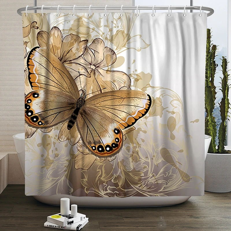 Elegant Flowers Butterfly Shower Curtain Morden Art Floral Girl Waterproof Fabric Bathroom Curtain Room Decor Curtain With Hooks