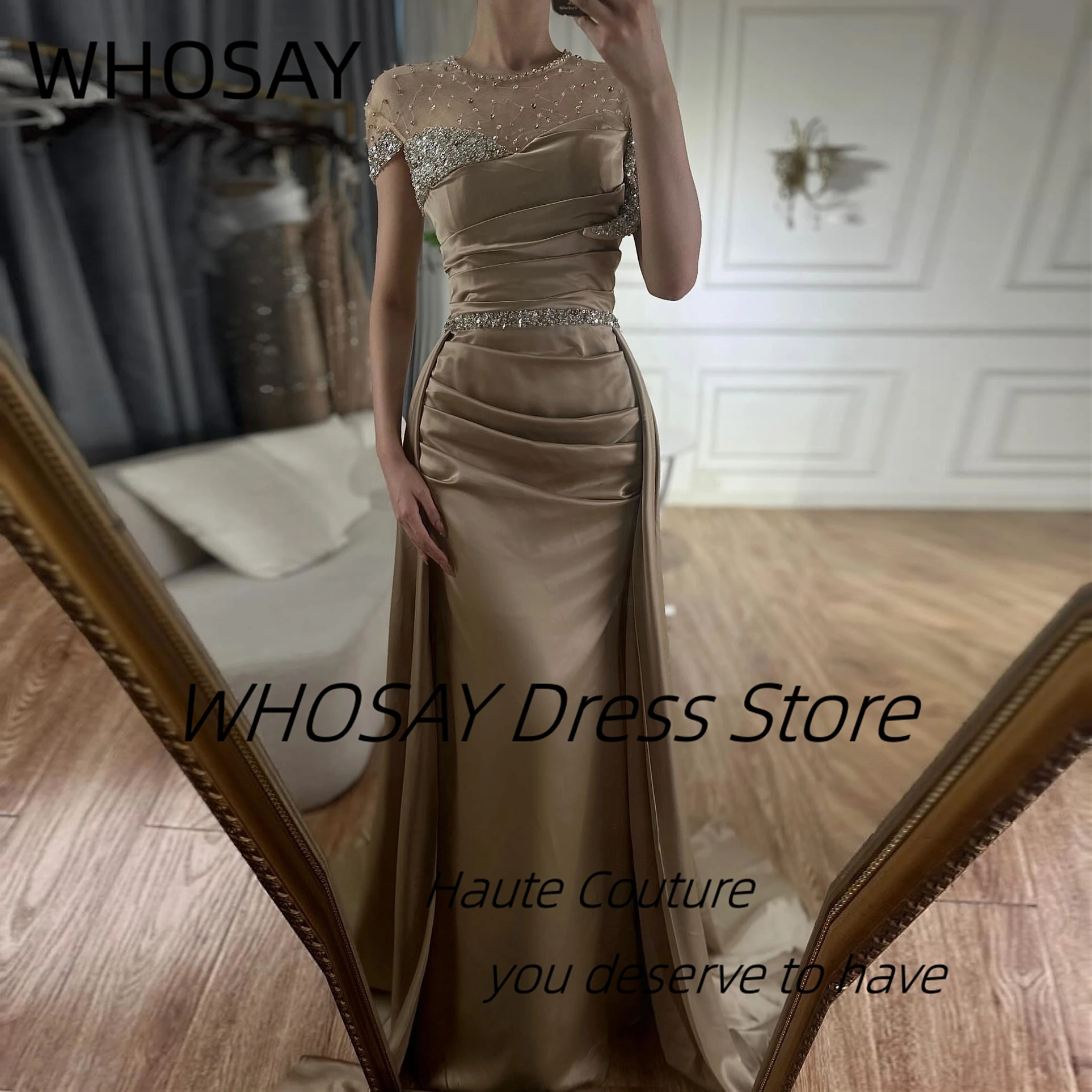 

WHOSAY Prom Dresses Customized O-Neck Beaded Short Sleeves Robe Des Soiree Long Ruched Evening Party Formal Gowns