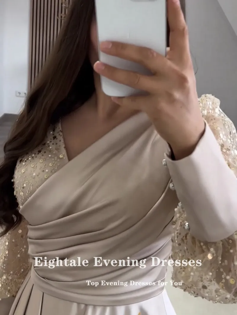 Eightale-Vestido corto de noche para fiesta de boda, traje de satén de manga larga, línea A, brillante, con cuello en V, color champán árabe, para graduación