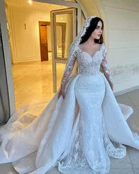 Customized2025Mermaid Wedding Dress Lace Embroidery 2 in 1 Strapless Neckline Full Sleeves Elegant Bride Dress Vestidos De Novia