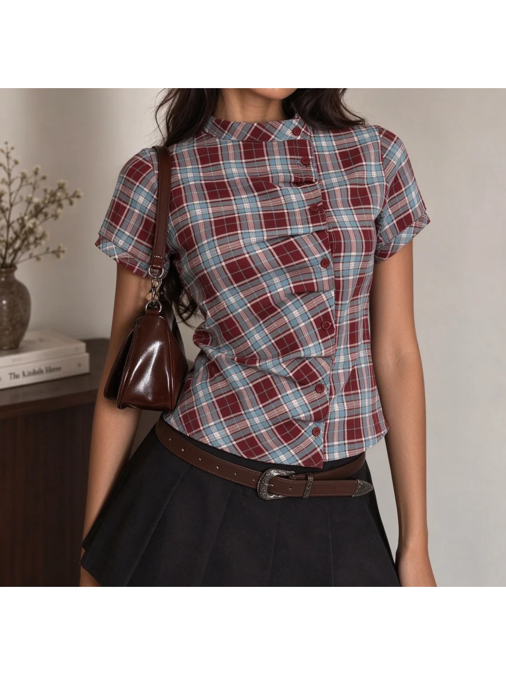 New summer retro plaid stand up collar, single breasted, waist cinched, short sleeved top, trendy streetwear for hot girls ins