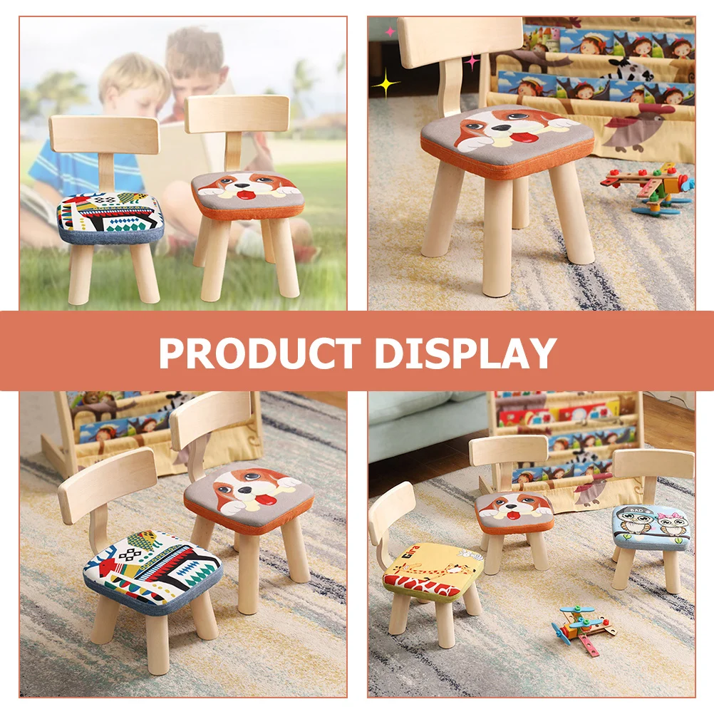 

Children Back Chair Puppy Pattern Wooden Kids Stool Safe Practical Stable Structure Removable Washable Seat Cover No Assembly