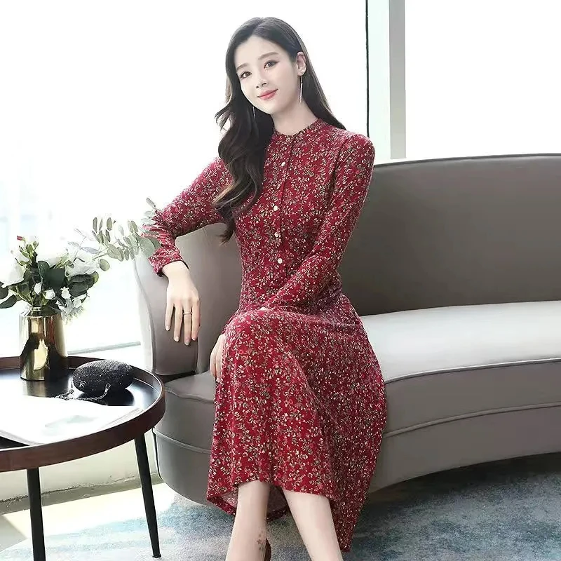 Women Spring Autumn Long Sleeve Dress Large Size Fragmented Flowers Slim Elegant Dress Mother Casual Maxi Printed Vestidos 4XL