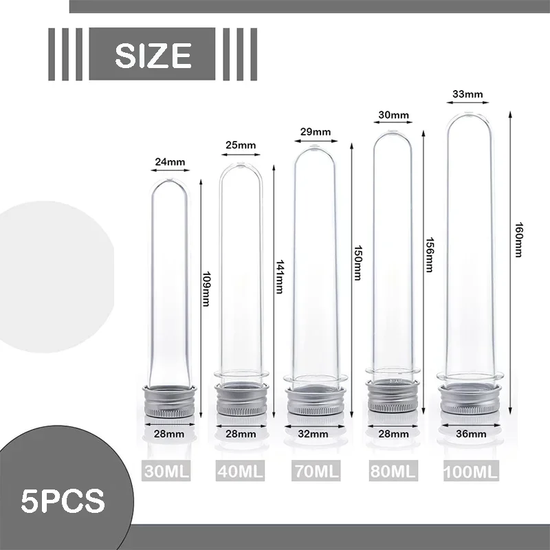 5pcs 30-100ml Empty Refillable Clear Plastic Test Tubes with Screw Aluminum Caps for Scientific Experiments Party Candy Storage