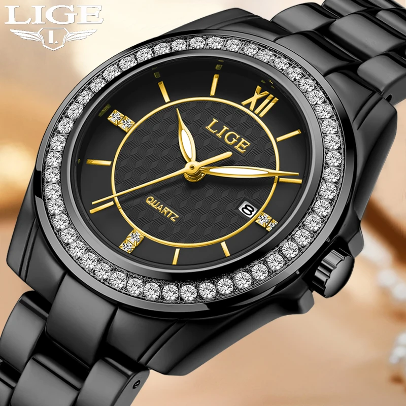 

LIGE New Creative Watches For Women Fashion Simple Black Ceramic Watch Women Waterproof Luminous Bracelet Quartz Chronograph