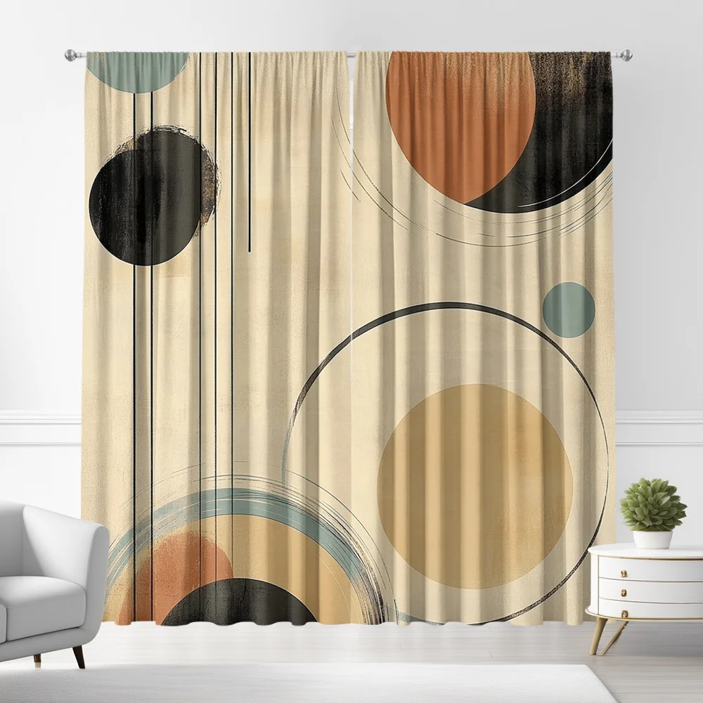 2pcs Mid-Century Geometric Curtains Beige Terracotta Sage Black Rod Pocket Polyester Light Filtering Modern Decor Living Room