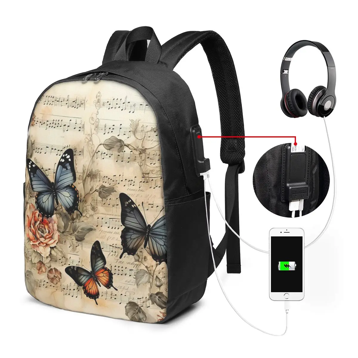 Vintage Butterfly Flowers And Music Notes Backpack Travel Notebook Bag Computer College Student School Bag Laptop Shoulder Bags