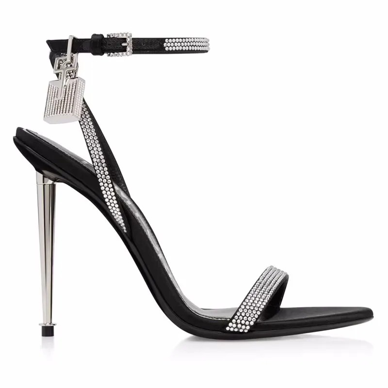 

Spring and summer new metal lock with open-toe rhinestone sexy sandals slim high heels banquet dress versatile women's shoes