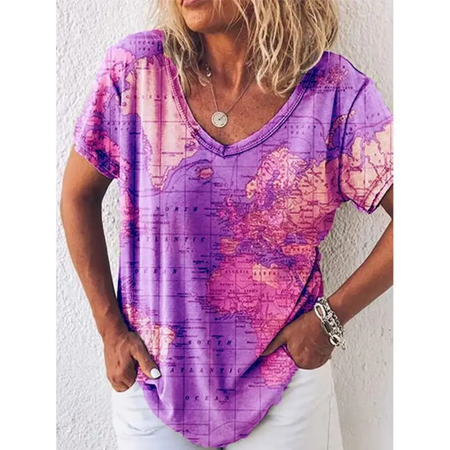 تي شيرت نسائي بياقة مطبوعة على شكل خريطة ort Sve تي شيرت فضفاض مناسب من مزيج البوليستر مريح قاعدة علوية أوروبية Sle Summer Faion #4