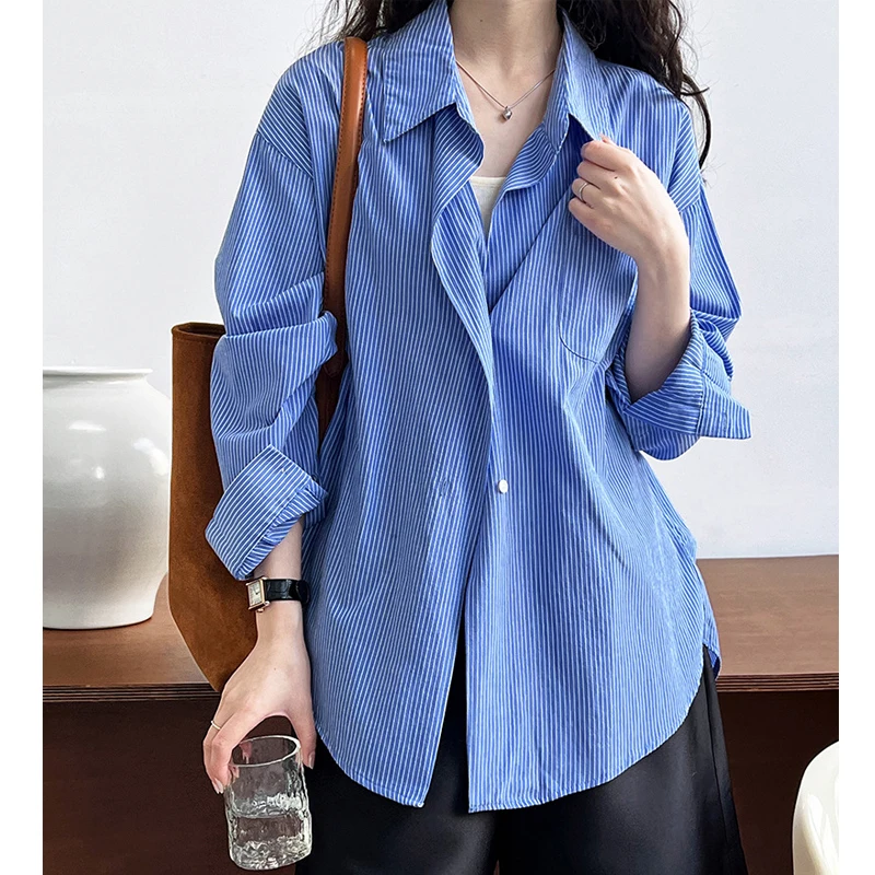 2024 Women Spring Blouses Long Sleeve Cotton Womens Striped Blue Tops And Blouses Fashion Shirt Blusas Roupa Feminina