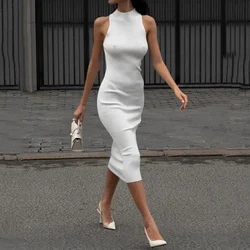 Ellafads Midi Dress Women Summer Casual Elegant Solid Sleeveless Round Neck Nipped Waist Slim Skinny Dresses Streetwear