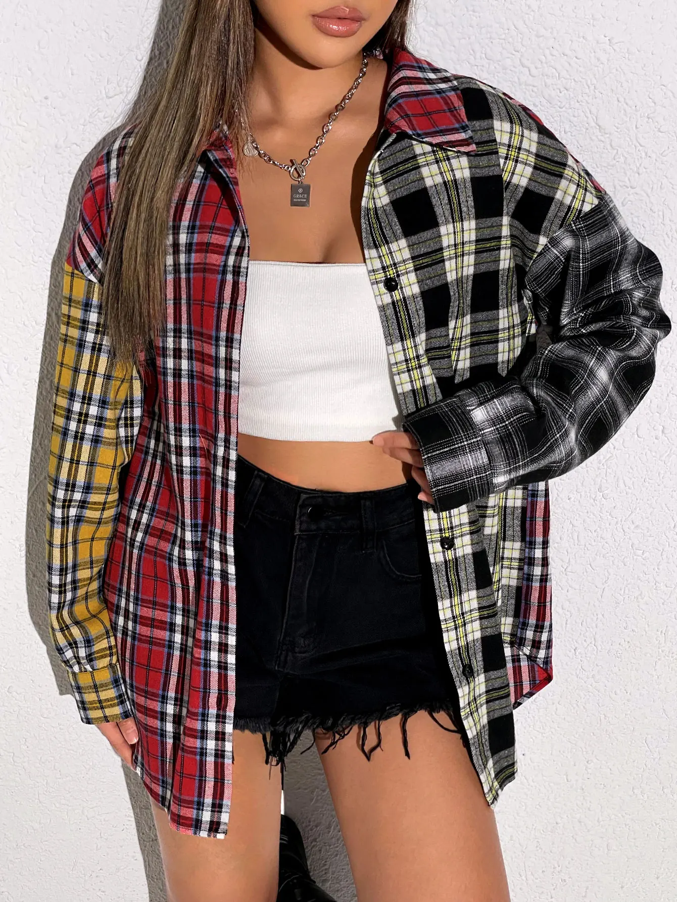 Grunge Y2K Aesthetic Tartan Plaid Patchwork Button Down Shirt Indie Sleaze Long Sleeve Oversized Flannel Outerwear Top Vibrant Red Yellow Black Colorblock Lapel Collar Dropped Shoulders Boyfriend Fit For Autumn Street Walks Valentine Gift