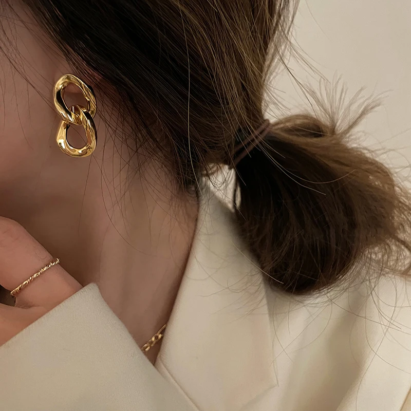 GHIDBK Gold Tone Chunky Double Loop Chain Dangle Earrings Female Exquisite Links Giant Chain Tassel Hollow Long Earring Bijoux