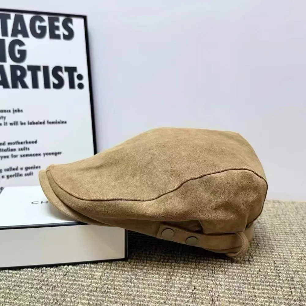Suede Vintage Beret Hat 55cm to 59cm Face Slimming Feature Retro Newsboy Cap Adjustable Size Earflap Cap Artistic Hat Daily Wear