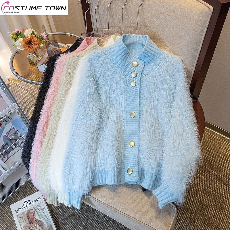 

Imitation Mink Loose Knit Cardigan Sweater Jacket Women's Autumn and Winter Standing Collar New Age Reducing Top