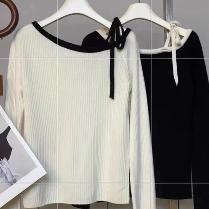 

Корейский простой белый весенне-осенний свитер с открытыми плечами, нежный темпераментный черный женский пуловер с длинными рукавами