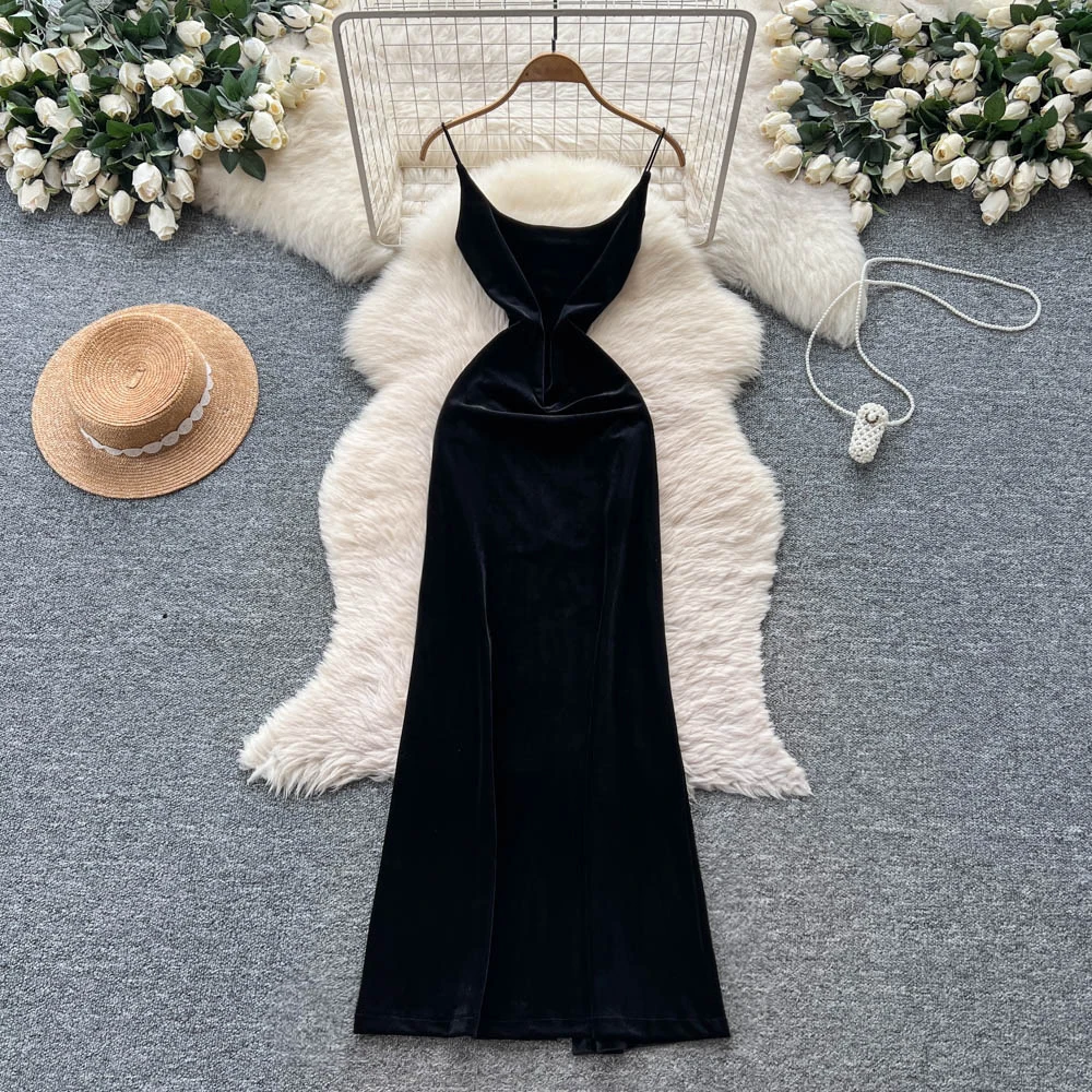 Retro Elegant Casual ärmelloses rückenfreies Velours schlankes Fairycore-Sommerkleid mit hoher Taille Damenbekleidung