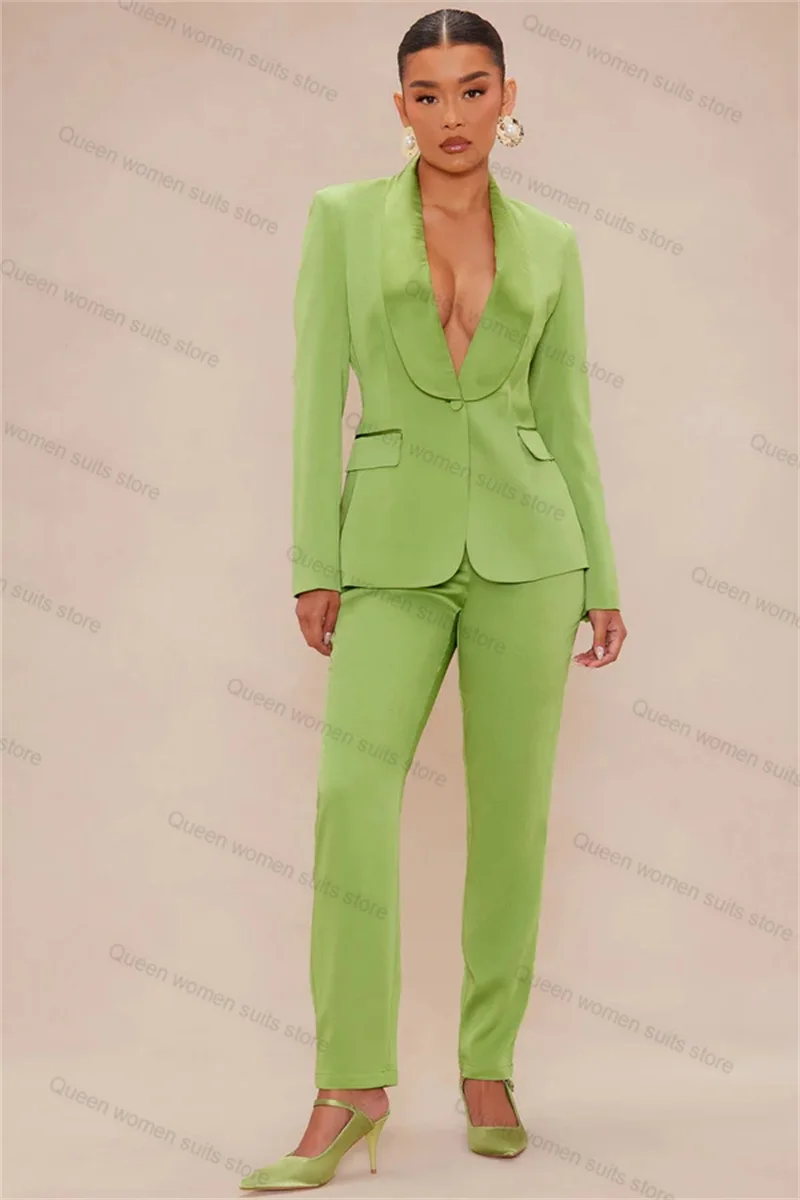 Green Cotton Women Suit Pants Set 2 Piece Blazer+Trouser Formal Office Coat Customized Wedding Tuxedos Prom Dress Jacket