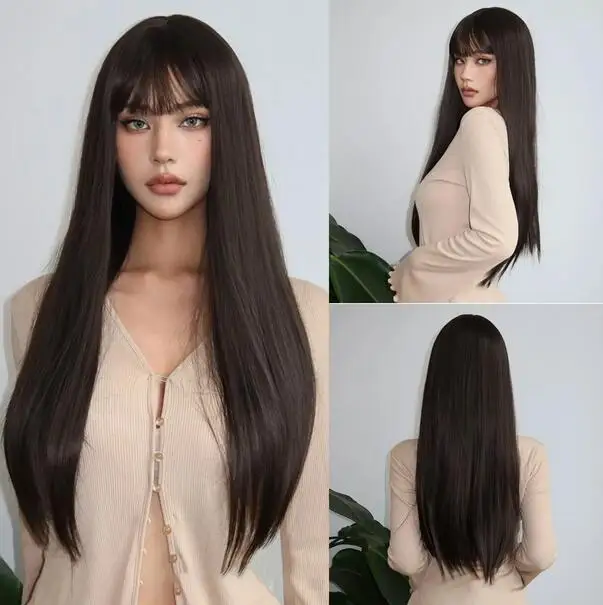 

Long Straight Black Wig with Bangs 26 Inch Black Brown Natural Hairline Female Synthetic Wig for Women Daily Wear