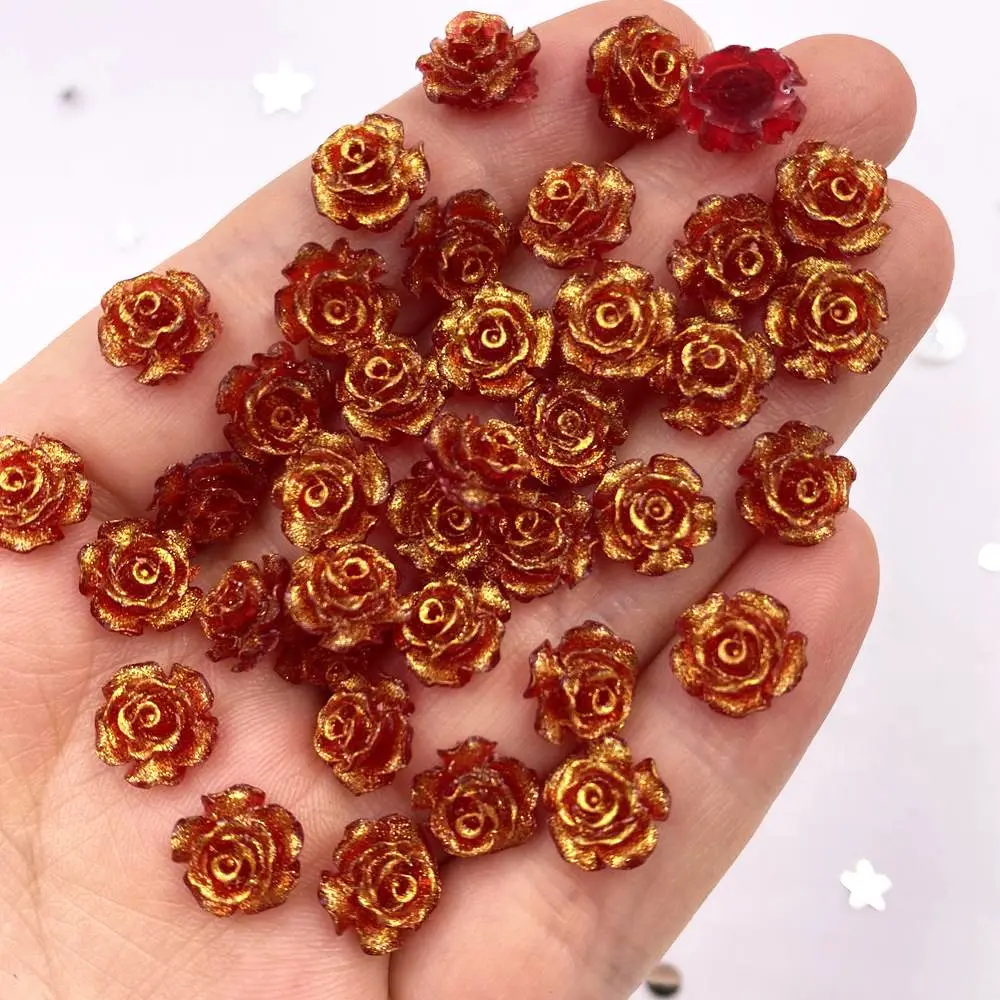 50Pcs 10mm AB Resin Glitter Rose Flatback Flower Rhinestone Gem Scrapbook Wedding Ornament Applique Crafts DIY Nail Art SL614