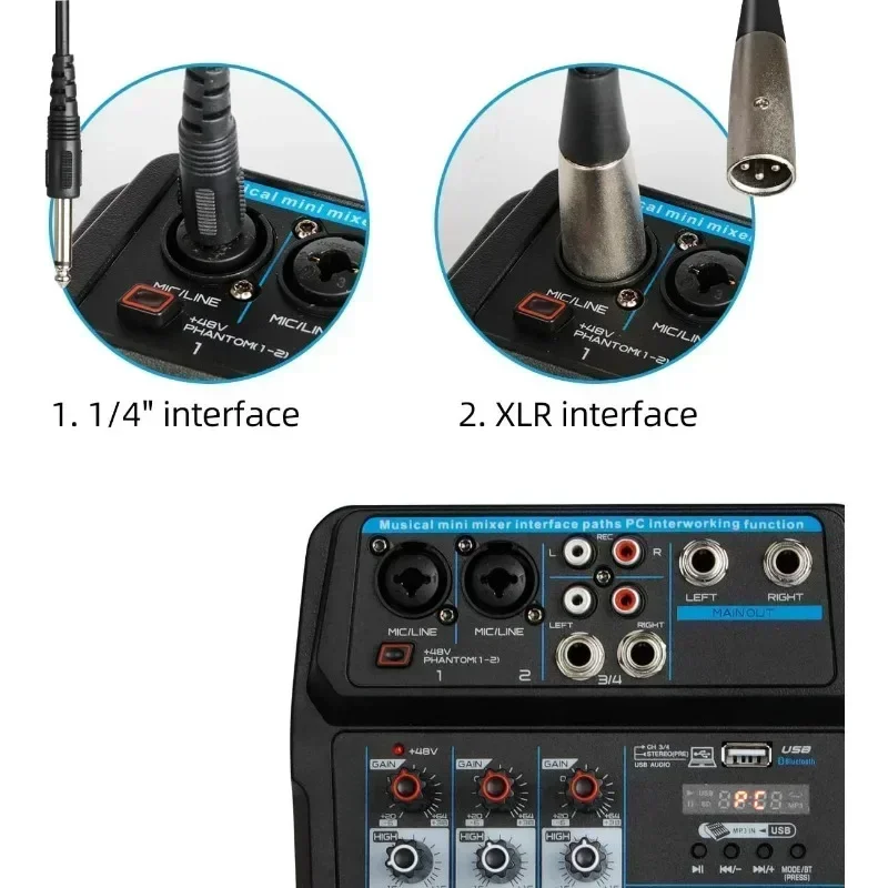 Mini 6 4 canais profissional portátil mixer console de mistura de som entrada do computador 48v número de energia ao vivo dj transmissão gravação áudio