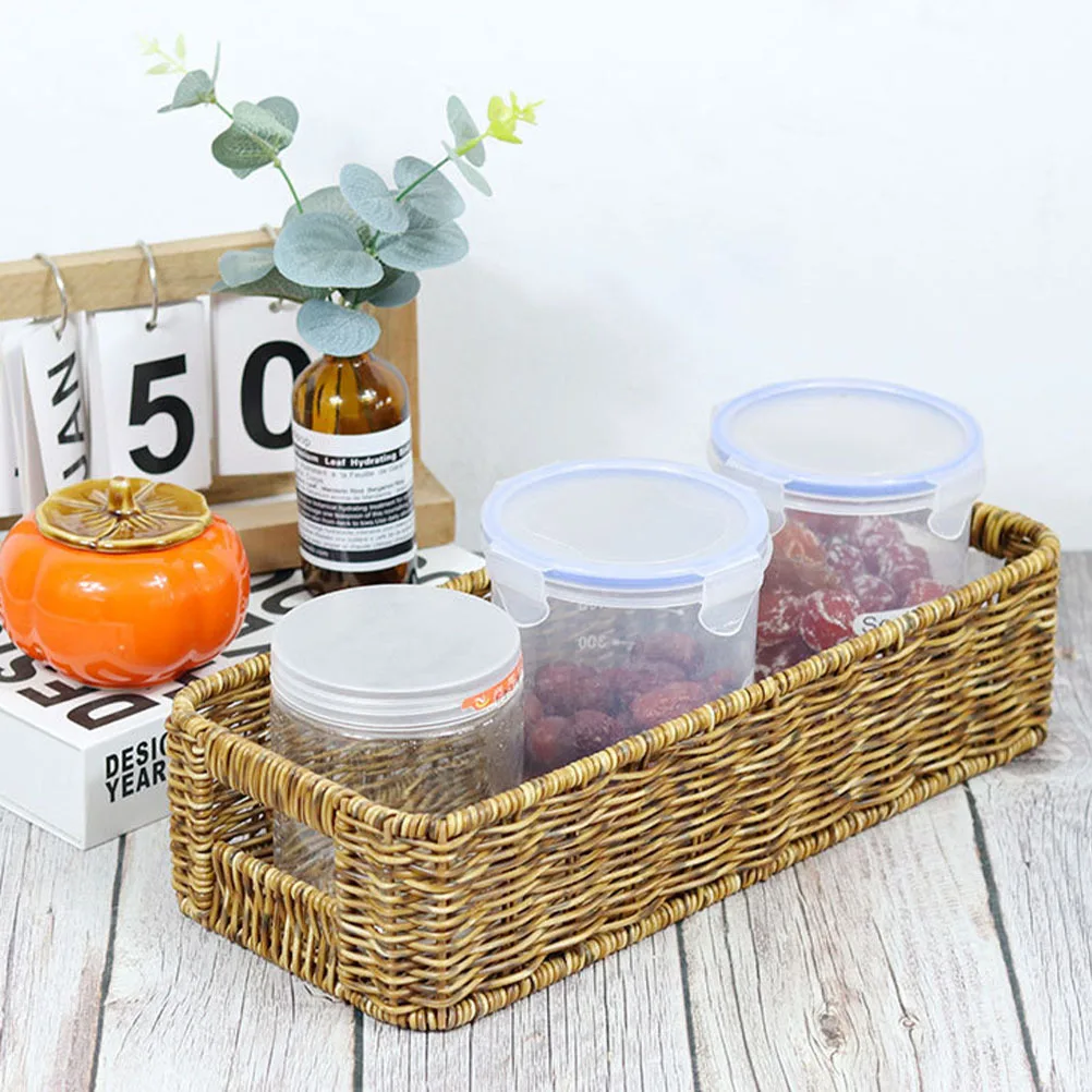 

Plastic Woven Basket Multifunction Storage Basket for Cutlery Spice Jars Fruits Snacks Organizer Household Sundry Holder