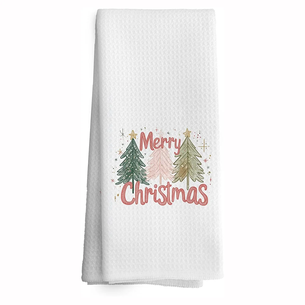 

Pink Merry Christmas Waffle Tea Towel Winter Holiday Kitchen Dish Towel Christmas Tree Hand Towel for Home Decor New Years Gift