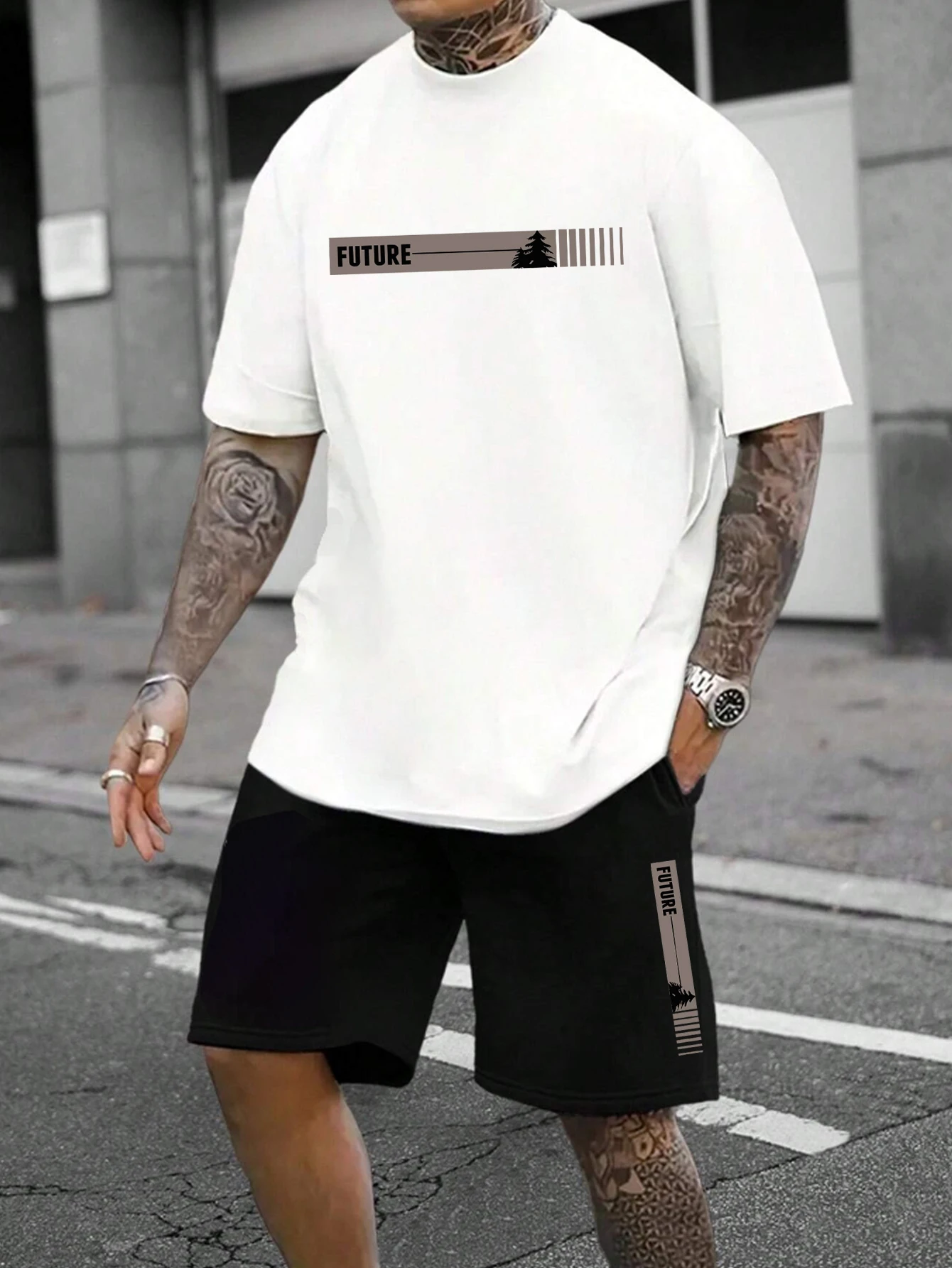 

Short-sleeved shorts summer suit men's T-shirt trend printing round neck men's suit with gangster handsome sports two-piece suit