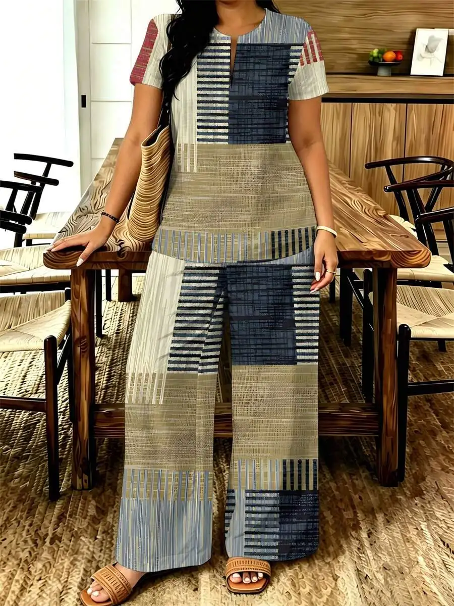 

Plus Size Womens Patchwork Stripe Two-Piece Set: V-Neck Short Sleeve Top And Elastic Waist Wide Leg Pants For Summer Casual Wear